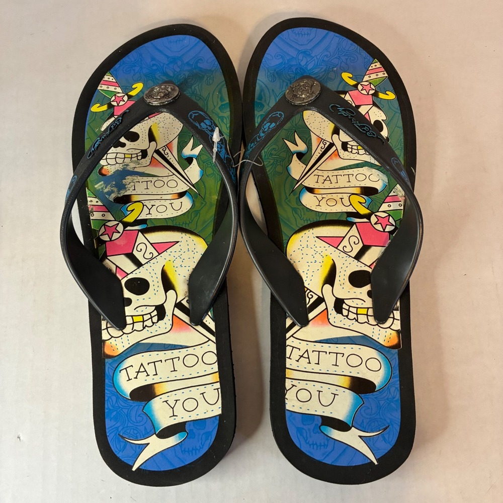 Ed Hardy Tattoo You Skull Flip Flops Black Blue Mens 9 Womens 10 Y2K Graphic